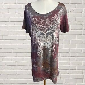 Affliction Graphic Lace-Up Back Tunic Top Corset Grunge Y2K Short Sleeve Medium